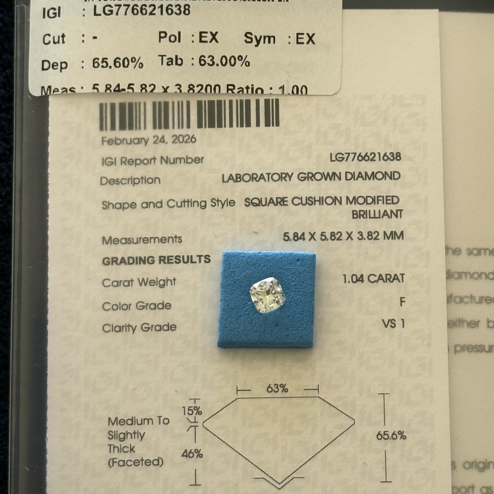 IGI certified 1.04 CT Cushion Cut lab Diamond